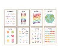 MeinBaby123® Lot de 8 affiches éducatives en anglais, images pour chambre d'enfant, format A4 et A5, lettres de l'alphabet ABC, chiffres, école maternelle, primaire, posters muraux de qualité