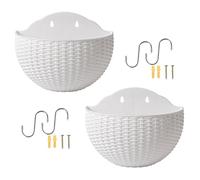 Meindin Lot de 2 pots de fleurs muraux en imitation rotin pour d'extérieur, demi-cercle avec trou de drainage et crochets, support de