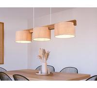 Suspension à 3 lampes en bois avec abat-jour en tissu beige, largeur 100 cm