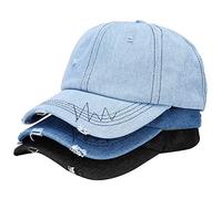 MEINICY Lot de 3 : casquette de baseball vintage en coton délavé uni, chapeaux rétro réglables pour homme/femme, non structuré, Bleu denim vieilli + foncé + noir, Taille unique