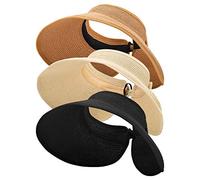 MEINICY Lot de 3 chapeaux de paille pliables pour femme, chapeau de plage d'été à large bord, protège votre peau facilement, Nature+noir+beige 3 pièces, Taille unique