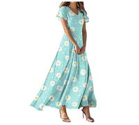 meiodtion Robe Ete Femme Longue, Col V Manches Courtes Imprimé Floral Cintrée Ample, Robe Femme Chic Et Elegant, Parfaite pour Vacances, Soirées d Été, Quotidien et Croisières, S-XXL