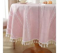 meioro Nappes Boho pour la Ferme Décor, Nappe de Table Ronde 140cm, Nappe Polyester Linen Touch Tressée et Rayée, Table Cloth Lavable avec Tassel pour Cuisine Salle à Manger (Rose)