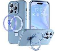 MEIQIBAO pour iPhone 14 Pro Slim Liquide Silicone Coque,Militaire Résistant Chocs et aux Rayures,avec magnétique(N52 Magnet) Métal Anneau Support Case,caméra Protection Case,Bleu Clair