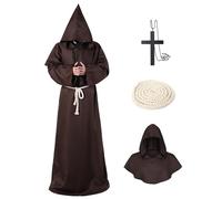 MEIRRAI Deguisement Moine, Costume de Moine Adulte, Robe Renaissance Médiévale avec Capuche Ceinture et Croix, Costume d'Halloween, Robe de Prêtre pour Halloween Cosplay Carnaval (Brun, XXL)