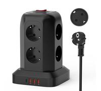 Meisax 12 en 1 Multiprise Tour Noir avec Interrupteur 3 USB-A et 1 USB-C | avec 8 Prises, Parafoudre Anti-Surcharge, Câble 1,8m, 2500W/10A, Prise Multiple Verticale pour Bureau Salon Cuisine