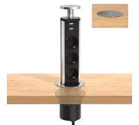 Meisax Multiprise Encastrable Bloc Argent avec 3 Prises et 2 USB-A | Diamètre 60mm, 4000W/16A, Câble 1,8m, Prise Escamotable Plan de Travail, pour Cuisine Bureau Chambres Salon