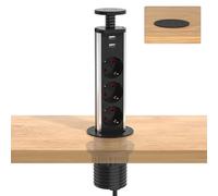 Meisax Multiprise Encastrable Bloc Noir avec 3 EU Prises et 2 USB | Diamètre 60mm, 4000W/16A, Câble 1,8m, Prise Escamotable Plan de Travail, pour Cuisine Bureau Chambres Salon