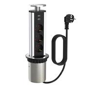 Meisax Prise Escamotable Plan de Travail avec 3 Prises 2 USB Diamètre 80mm Câble 1,8m, Multiprise Encastrable Bloc pour Cuisine Bureau Chambres Salon(chromé)