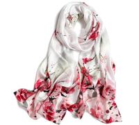 MEISEE Longue écharpe 100 % soie de mûrier pour femme - Grand châle rectangulaire - Protection solaire - Tour de cou - Emballage cadeau, Blanc + fleur rouge - 2, 67*21in