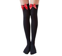 MEISH Chaussettes au-dessus du genou avec nœud rouge - Chaussettes hautes noires pour femme - Noires - Nœud en satin - Chaussettes opaques pour Halloween et fête quotidienne