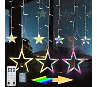Meision Guirlande lumineuse extérieure étoiles 2,3 m 138 LED, blanc chaud et multicolore, intensité variable, rideau lumineux intérieur avec 11 modes, télécommande, minuterie, crochet, extensible,