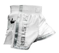 Meister ELITE Short Muay Thai - Taille Élastiquée Complète avec Mesh - Blanc/Argent - Grand (34-35)