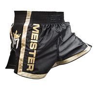 Meister Elite Short Muay Thai - Taille Élastiquée Complète avec Mesh - Noir/Or - Grand (34-35)
