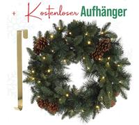 MeisterHome® Couronne de Noël artificielle Couronne de l'Avent pour la porte, Ø 50 cm - Couronne de porte de Noël pour l'intérieur et l'extérieur avec 35 lumières LED, minuterie et décoration de pomme