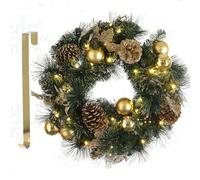 MeisterHome ® Couronne de Noël artificielle pour porte Ø 50 cm - Couronne de Noël pour l'intérieur et l'extérieur avec 35 LED, minuterie et décoration dorée + crochet de suspension doré