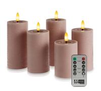 Meisterhome Lot de 5 bougies LED sans flamme violettes - Ø7 cm, hauteurs 10/12,5/15 cm - Bougies piliers avec télécommande et minuterie - Lumière blanche chaude - Flamme vacillante - Design rustique