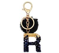 Meitesti Porte-clés avec 26 initiales porte-bonheur en forme de boule en peluche noire - Cadeau pour femme et fille, Boule en peluche noire Letter-r, Medium