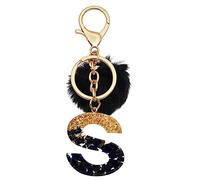 Meitesti Porte-clés avec 26 initiales porte-bonheur en forme de boule en peluche noire - Cadeau pour femme et fille, Lettre boule en peluche noire-s, Medium