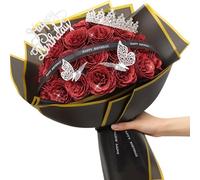 MEIVINES Lot de 24 Roses Artificielles à Paillettes Bouquet de Fleurs Artificielles Bouquet de Fleurs Rouges avec Couronne pour Cadeaux, Anniversaire de Mariage, Fiançailles, Anniversaire