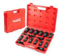 Meiwaltee 3/4" Jeu de douilles à choc | 80MM de profondeur | 17-Pièces assortiment jumbo profond douilles à choc tailles métriques 17-38MM | Barre d'extension | Acier Cr-Mo.