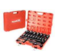 Meiwaltee 3/4" Jeu de douilles à choc | 90MM de profondeur | 22-Pièces assortiment jumbo profond douilles à choc tailles métriques 19-50MM | Clé à cliquet | Barre d'extension | Acier Cr-Mo.