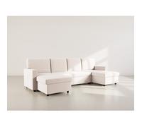 Meiya - Canapé panoramique en U 7 places convertible avec coffre en velours côtelé - Beige