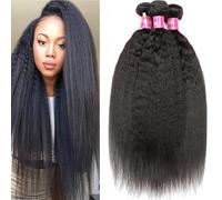 MeiYou Lot de 3 trames de cheveux humains raides et crépus 12A Yaki non traités brésiliens vierges Remy à coudre Noir naturel (12, 14, 16)