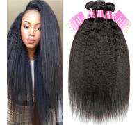 MeiYou Lot de 3 trames de cheveux humains raides et crépus 12A Yaki non traités brésiliens vierges Remy à coudre Noir naturel (18, 20, 22)