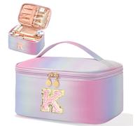 Meiyuuo Grande trousse de maquillage portable Preppy Rainbow Color Travel Pro - Imprimé vache mignonne - Organiseur de toilette personnalisé avec séparateur amovible pour femme - Initiales de A à Z