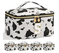 Meiyuuo Grande trousse de maquillage portable Preppy Rainbow Color Travel Pro - Imprimé vache mignonne - Organiseur de toilette personnalisé avec séparateur amovible pour femme - Initiales de A à Z