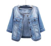 MEIZHAUNG Veste en Jean Femme - Manteau Décontracté Veste Courte en Jean pour Femme ， Veste en Jean Bleu À Manches Trois-Quarts À Col Rond ， Grande Taille avec Poches Haut en Denim Délavé,Bleu,XXL