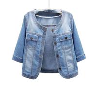 MEIZHAUNG Veste en Jean Femme - Manteau Décontracté Veste Courte en Jean pour Femme , Veste en Jean Bleu À Manches Trois-Quarts À Col Rond , Grande Taille avec Poches Haut en Denim Délavé,Bleu,S