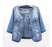 MEIZHAUNG Veste en Jean Femme - Manteau Décontracté Veste Courte en Jean pour Femme ， Veste en Jean Bleu À Manches Trois-Quarts À Col Rond ， Grande Taille avec Poches Haut en Denim Délavé,Bleu,M