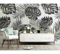 MEIZONGHUOJI Papier Peint Intissé Feuilles De Plantes Tropicales Noires Salon Chambre Papier Peint Panoramique Décoration Murale 250Cm(W) X175Cm(H)