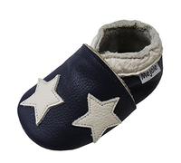 Mejale Chaussons Enfant Bébé en Cuir Doux-Chaussons Cuir Souple-Chaussures Premiers Pas-Dessin animé Étoiles, Bleu Marine, 0-6 mois (Taille Fabricant: S)