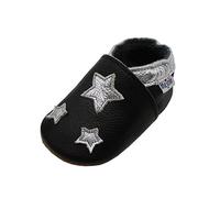 Mejale Cuir Chaussures Bébé Chaussons Bébé Chaussures Enfants Chaussons, Noir, Silver Stars, 0-6 mois (Taille Fabricant: S)