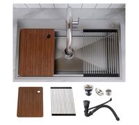 MEJE 80 x 46 cm Évier de cuisine ferme en acier inoxydable avec planche à découper, grille et passoire -Gris