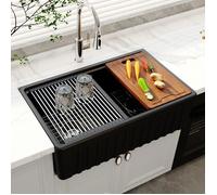 MEJE 83,8 x 50,8 cm évier de cuisine de ferme en céramique noire à bord étagé - evier timbre - à double cuve avec tablier avant