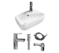 MEJE Ensemble lavabo mural de 45,7 cm, petit lavabo de vestiaire, lavabo de salle de bain en céramique blanche - Ensemble d'évier pour droitier (robinet et bonde pop-up)