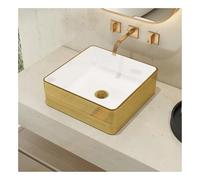 MEJE Évier carré de salle de bain de luxe à rayures dorées de 35,6 cm, lavabo au-dessus du comptoir en porcelaine, céramique artistique, lavabo pour lavabo de lavabo