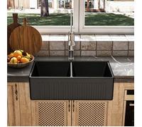 MEJE Évier de cuisine de ferme noir mat 84,4 x 45,7cm, évier de ferme réversible à double cuve, évier en céramique à tablier avant