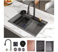 MEJE Évier de cuisine en acier inoxydable 68x45 cm avec cascade intégrée et robinet extractible - grande vasque avec revêtement