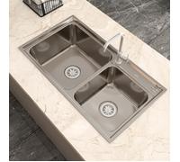 MEJE Évier de Cuisine Inox Double Bac 78 x 43 x 21,5 cm avec Trou pour Robinet