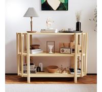 MEKOTRIN Table Console Ovale 3 Niveaux Table Basse en Bois Table d'Appoint de Canapé Moderne 114x38x74cm, Coins Arrondis, Design Lattes, Style Nordique pour Décoration Salon Maison, Couleur du Bois