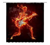 MEKPAM Brûler Crâne Rideau De Douche Guitare Musique Rock Alternative Squelette Cool Unique Noir Orange Salle De Bain Rideaux Polyester Tissu 180x180cm