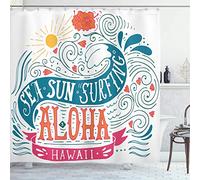 MEKPAM Rideau De Douche Hawaïen Mer Soleil Surf Typographie avec Vagues De L'Océan Aloha Tissu Imprimé Tropical Tissu Décor De Salle De Bain Ensemble avec Crochets Bleu Pétrole 180X180cm
