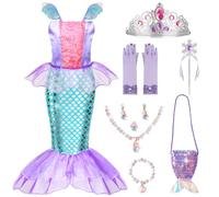 Meland Deguisement Sirene Fille, 12 Pièces Deguisement Princesse Fille avec Sac de Sirène 3-8 ans, Ariel Costume d' Carnaval, Anniversaire, Halloween