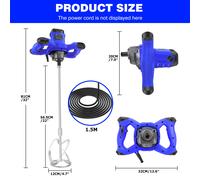 Mélangeur électrique à main, 6 vitesses, avec pelle mélangeuse à arbre M14 pour ciment, coulis, peinture, plâtre, mortier - 3000W, outil de construction et de réparation murale DIY Bleu
