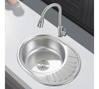 Melanstar Évier de cuisine, ovale, en acier inoxydable, à encastrer, à gauche, avec étagère et bonde, 1 bac, 57 x 45 cm